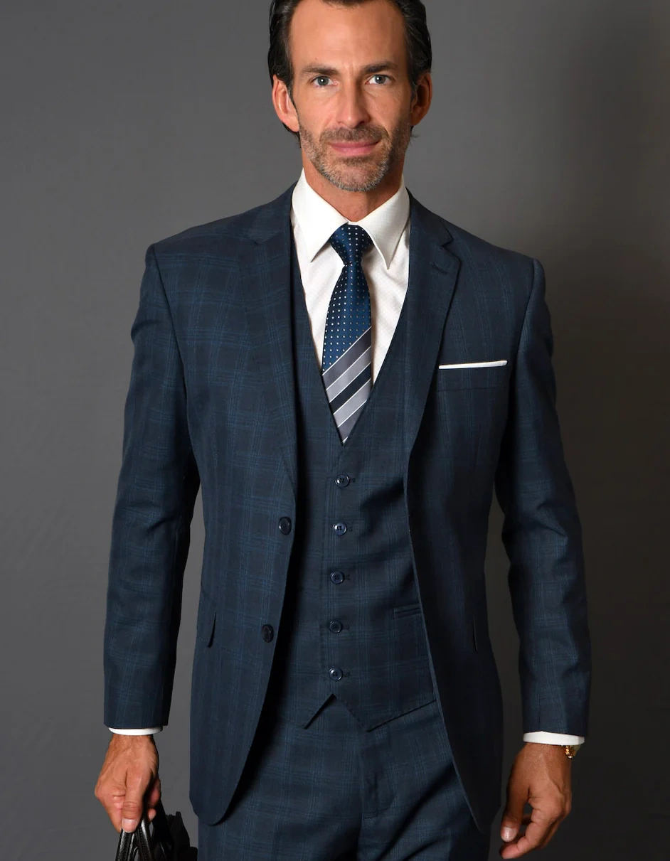 Edler Herren Anzug: 100% Wolle Weste mit Navy-Plaid – Stilvolles Business-Outfit für den Mann.