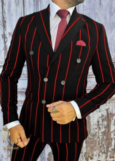 Schwarzer Gangster Anzug 1920s Stil: Rot & Schwarz Pinstripes, Doppelreihiger Klassiker - Zeitlose Eleganz!